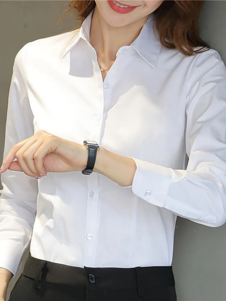 Women’s White Long-Sleeve Shirt, Formal Work Top, Professional Office Blouse, Plus Size