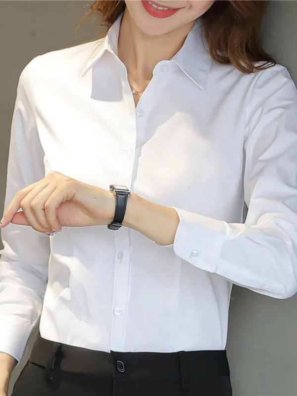 Fashion Women’s Shirt, White Long-Sleeve Professional Shirt, Formal Dress Work Clothes, Large Size OL Button Women’s Top