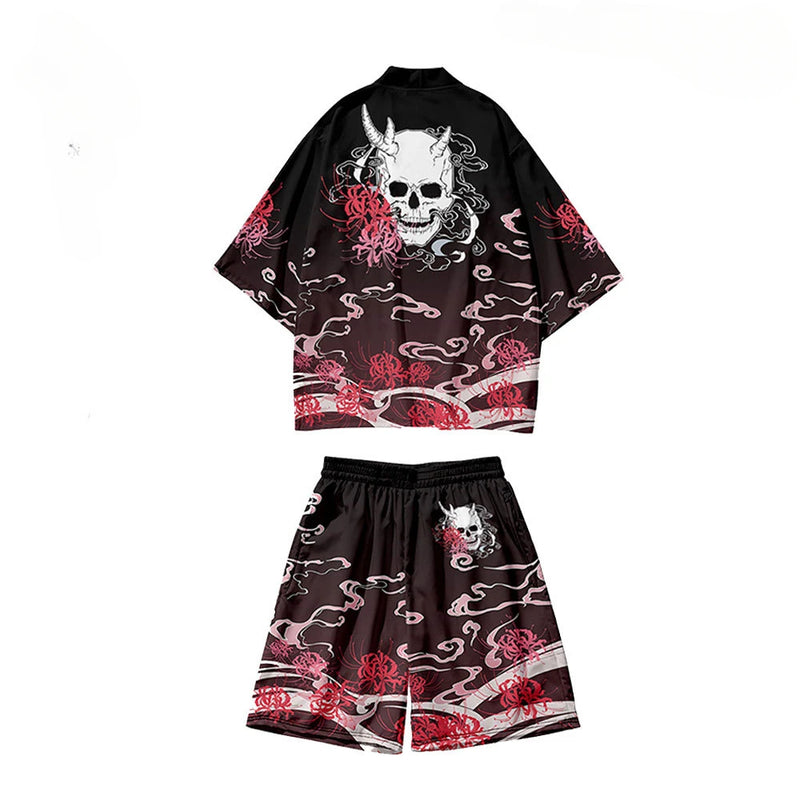 Men’s and Women’s Traditional Clothing, Casual Kimono, Black Skeleton Print, Ruth Design, Beach Streetwear, Samurai Style Outfit