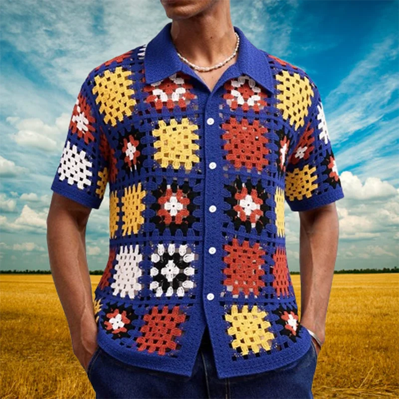 Men’s Floral Embroidered Knit Shirt, Summer Casual Buttoned Lapel, Vintage Crochet Hollow-Out Top