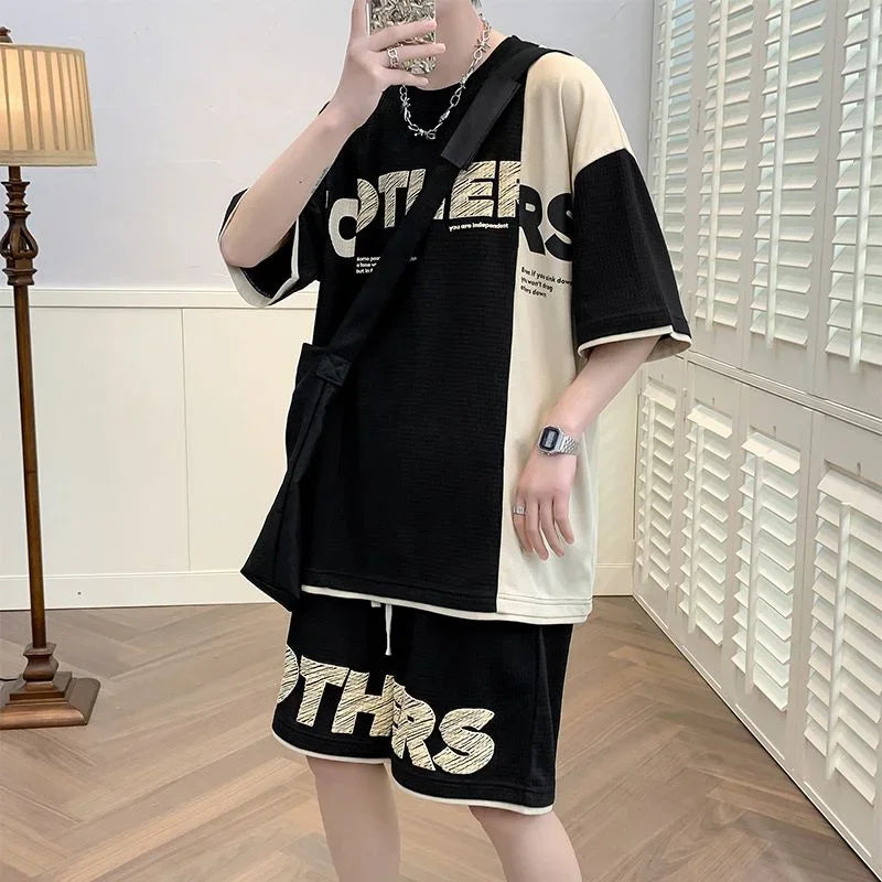 Men’s Clothing Set, Alphabet Top Jogging Sports Suit, Brown T-Shirt Sweatpants