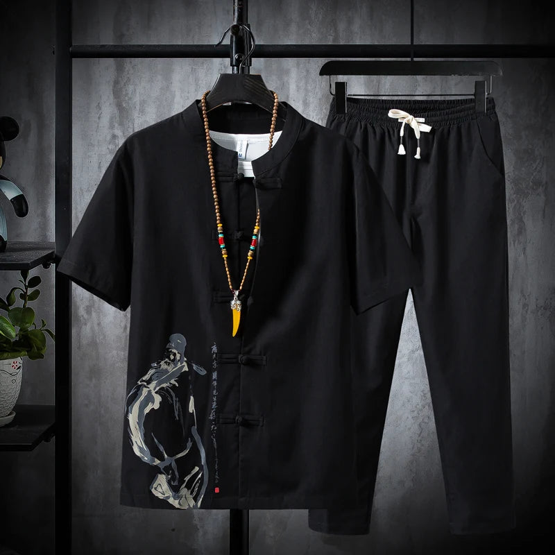 Men’s Summer Shirt & Trousers Set, Cotton Linen, Casual Two-Piece, Sizes M–5XL