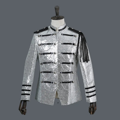 Men’s 2025 Court Style Blazer – Silver Sequin Military Jacket, Shiny Performance Wear