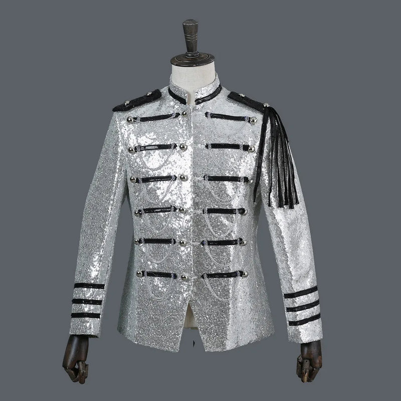 2025 Court Dress Performance Clothes, Silver White Fashion Shiny Beaded Blazer for Men, Host Nightclub DJ Sequin Military Jacket