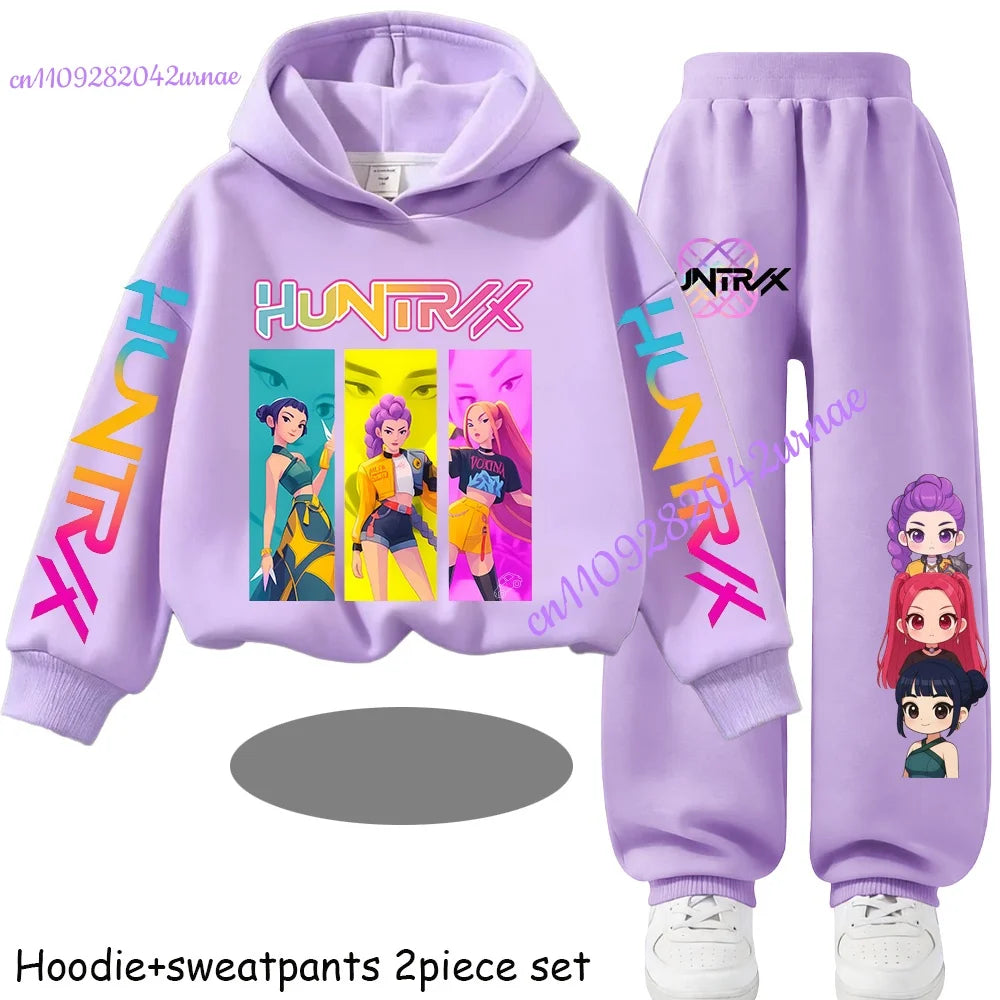 Kid Cloth KPop Demon Hunters Children's Hoodie Set with Boys' Casual Sports Shirt and Two Tone Girls' Soft and Comfortable Pants