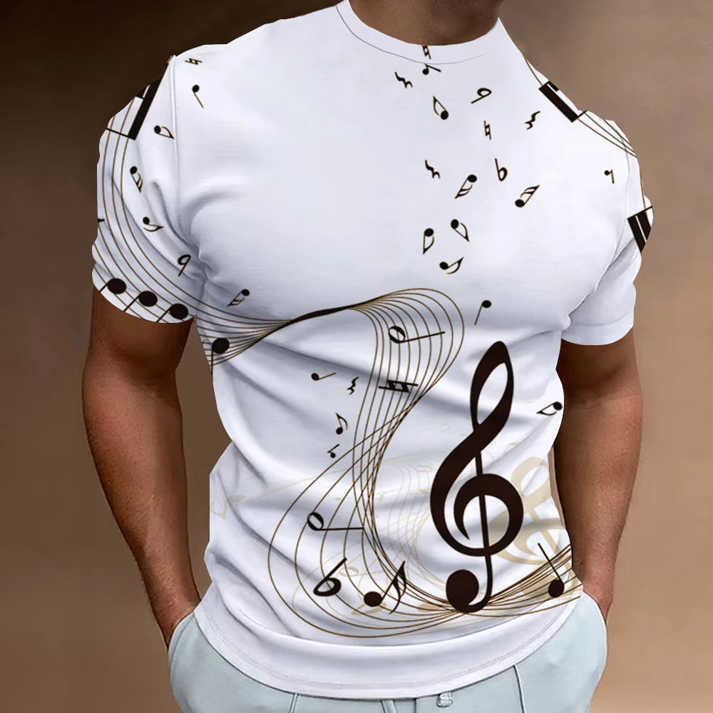 Men’s Fashion T-Shirt, 3D Musical Notation Print, Summer Casual Streetwear Top