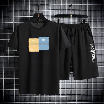 Men’s Trendy Summer Suit, Short Sleeve Tee and Shorts Set, 2-Piece Casual Gym Outfi