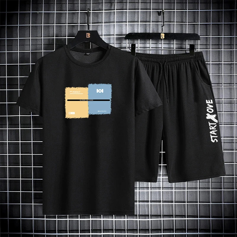 Men’s Trendy Summer Suit, Short Sleeve Tee and Shorts Set, 2-Piece Casual Gym Outfit, Student Tracksuit