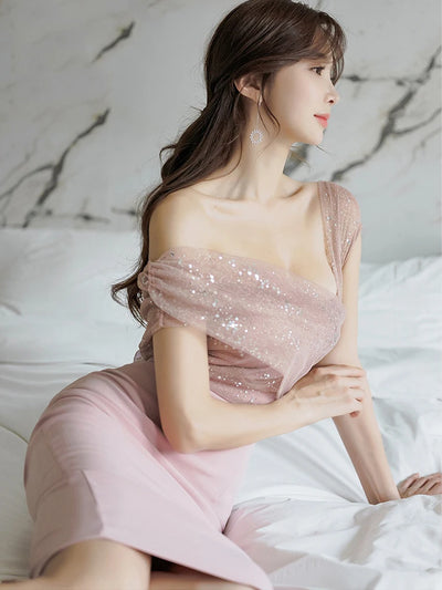 Women’s Sparkly Sequin Evening Dress – Elegant Off-Shoulder Backless Midi Party Prom Vestido