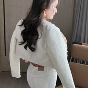Women’s Short Tweed Jacket, Elegant White-Blue Buttoned Coat, Long Sleeve Office Streetwear