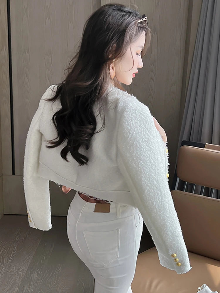 Women’s Short Tweed Jacket, Elegant White-Blue Buttoned Coat, Long Sleeve Office Streetwear