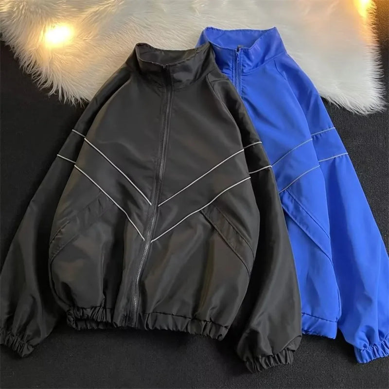 Men’s Streetwear Oversized Jacket, Autumn Outdoor Windbreaker Coat, Loose Fit Zippered Top, Trendy Casual Couple Fashion