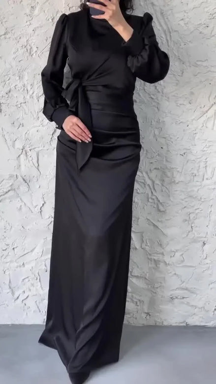 Women’s Autumn Satin Dress – Elegant Long Sleeve, Round Neck, Slim Fit Party Wear