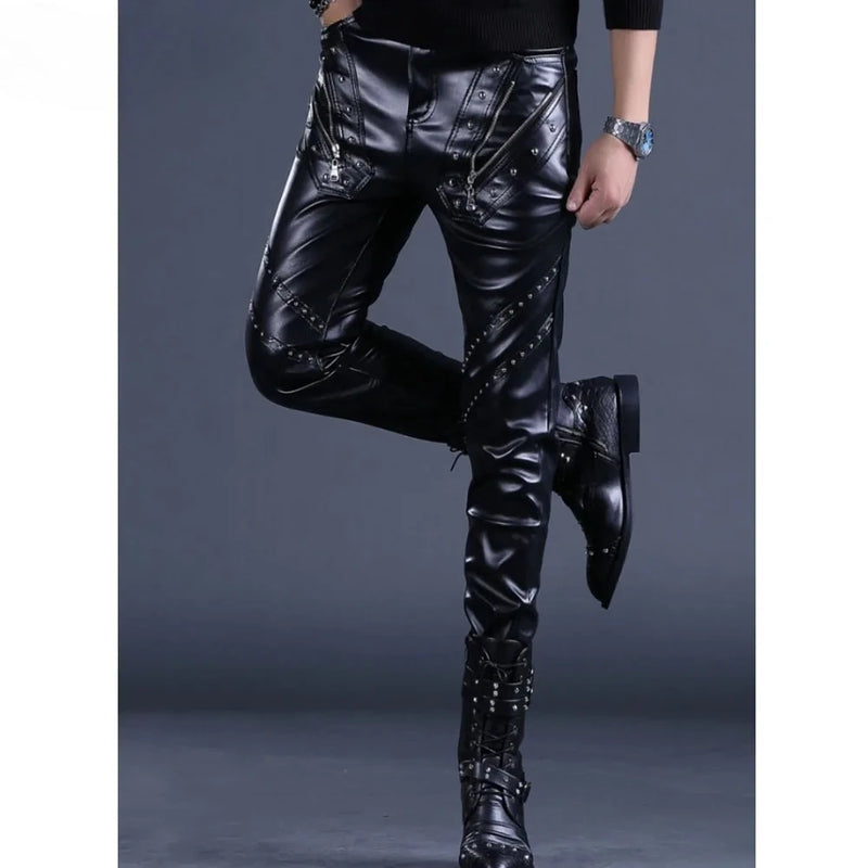 Men’s Fashion Rock Style PU Leather Pants, Sexy Night Club Dance Pants, Rivets Zipper Faux Leather Slim Motorcycle Trousers