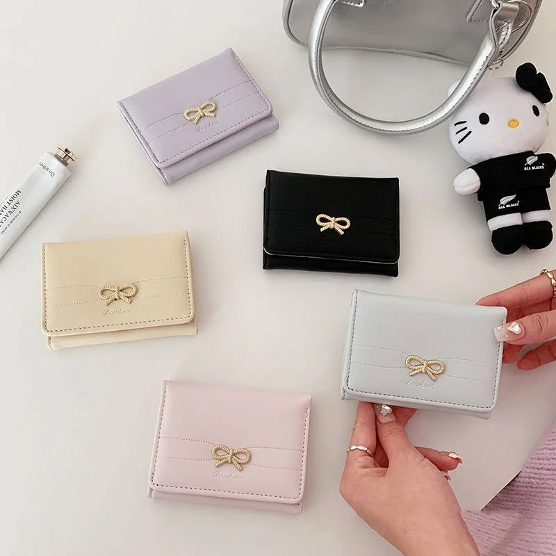 Women’s Wallet, Cute Bow Small Card Holder, Aesthetic Three-Fold Purse, Classic Coin Pouch, Student Friendly Design