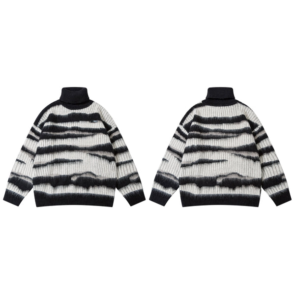 Men’s High Street Hip-Hop Loose Jacquard Turtleneck Sweater, Contrast Color Pullover, Stylish Unisex Sweater for Men and Women