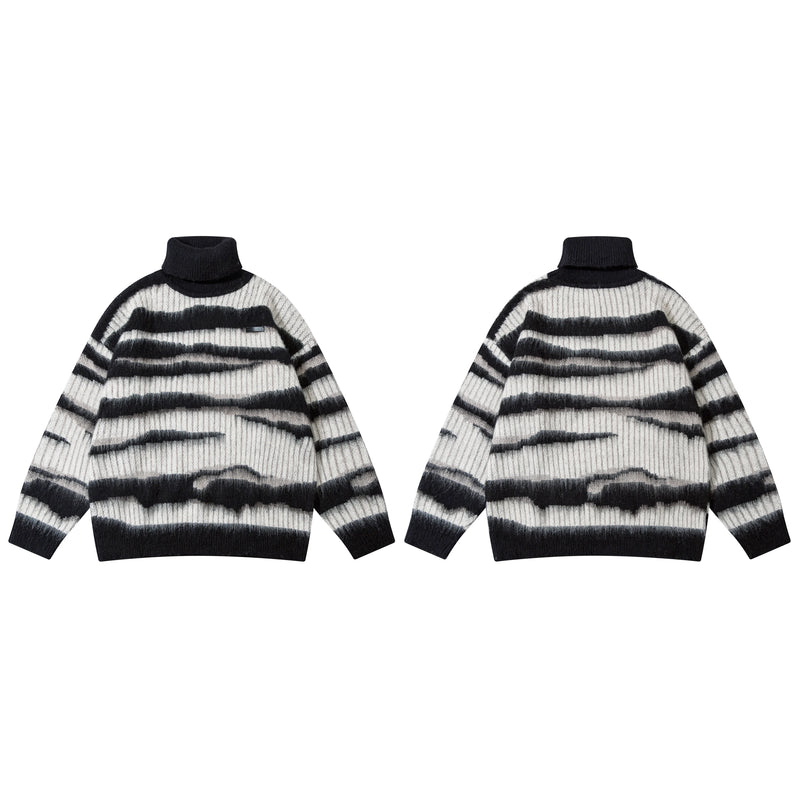 Men’s High Street Hip-Hop Loose Jacquard Turtleneck Sweater, Contrast Color Pullover, Stylish Unisex Sweater for Men and Women