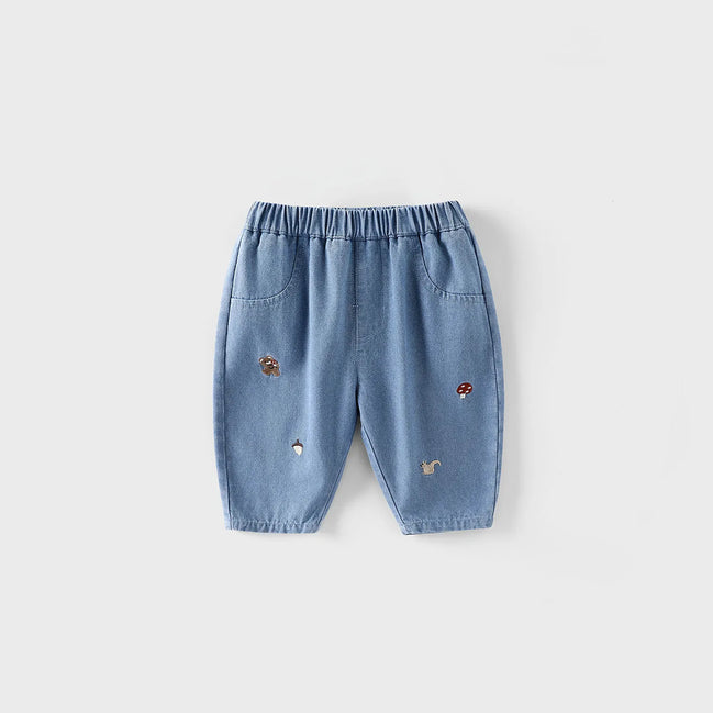 2026 Fall New Toddler Kids Pants Cotton Cartoon Embroidered Harem Pants Baby Boy Casual Striped Denim Baggy Trousers