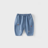 2026 Fall New Toddler Kids Pants Cotton Cartoon Embroidered Harem Pants Baby Boy Casual Striped Denim Baggy Trousers