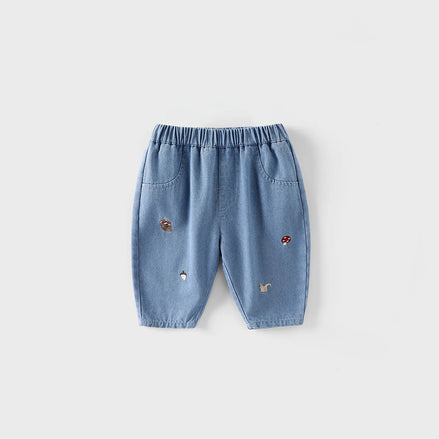 2026 Fall New Toddler Kids Pants Cotton Cartoon Embroidered Harem Pants Baby Boy Casual Striped Denim Baggy Trousers