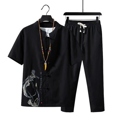 Men’s Summer Shirt & Trousers Set, Cotton Linen, Casual Two-Piece, Sizes M–5XL