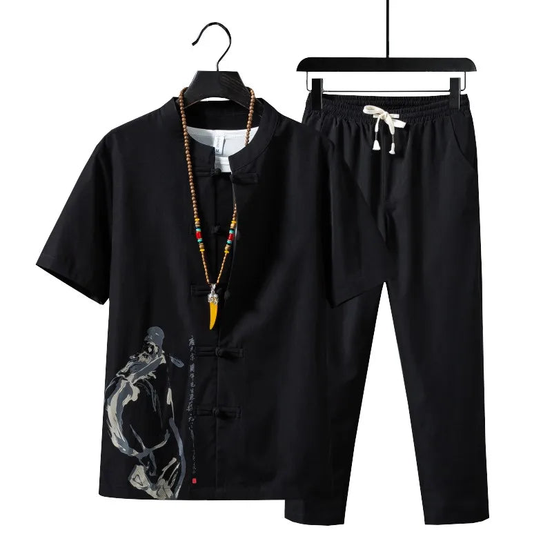 (Shirt + Trousers) Summer Fashion Men’s Shirt, Cotton and Linen, High-Quality Casual Two-Piece Set, Sizes M–5XL