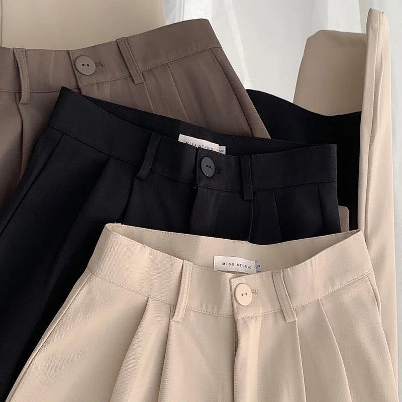 High Waist Women’s Suit Pants, Fall Straight Office Trousers, Korean Fashion Casual Button Loose Female Black Pants