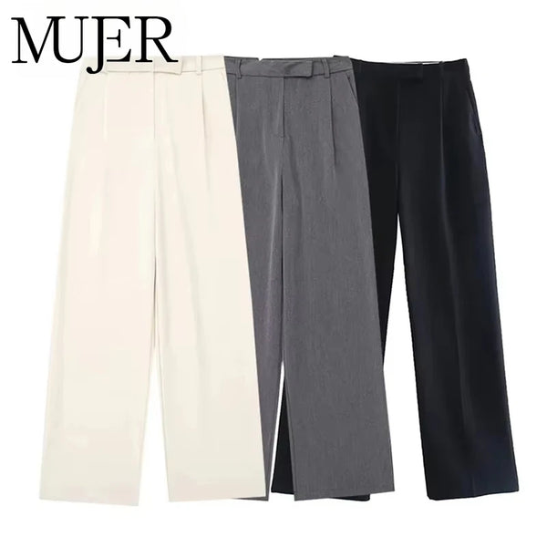 MUJER 2025 Women’s Pants, Beige Grey Black Wide Leg, High Waist Baggy Pants, Women’s Fashion Summer Office Trousers
