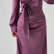 Women’s Autumn Satin Dress – Elegant Long Sleeve, Round Neck, Slim Fit Party Wear
