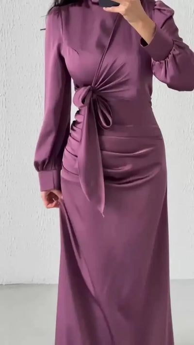 Women’s Autumn Satin Dress – Elegant Long Sleeve, Round Neck, Slim Fit Party Wear