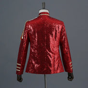 Men’s 2025 Court Style Blazer – Silver Sequin Military Jacket, Shiny Performance Wear