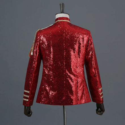 Men’s 2025 Court Style Blazer – Silver Sequin Military Jacket, Shiny Performance Wear