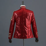 2025 Court Dress Performance Clothes, Silver White Fashion Shiny Beaded Blazer for Men, Host Nightclub DJ Sequin Military Jacket