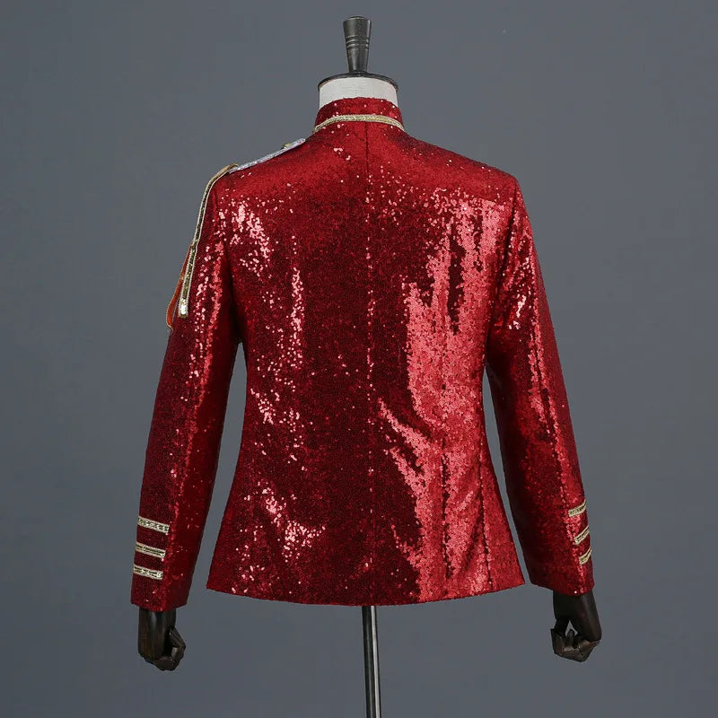 2025 Court Dress Performance Clothes, Silver White Fashion Shiny Beaded Blazer for Men, Host Nightclub DJ Sequin Military Jacket