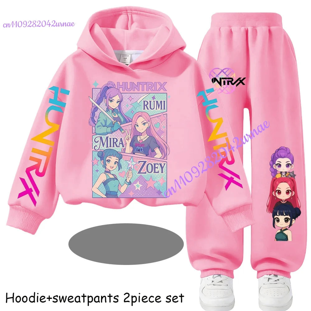 Kid Cloth KPop Demon Hunters Children's Hoodie Set with Boys' Casual Sports Shirt and Two Tone Girls' Soft and Comfortable Pants