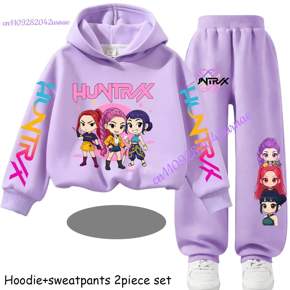 Kid Cloth KPop Demon Hunters Children's Hoodie Set with Boys' Casual Sports Shirt and Two Tone Girls' Soft and Comfortable Pants