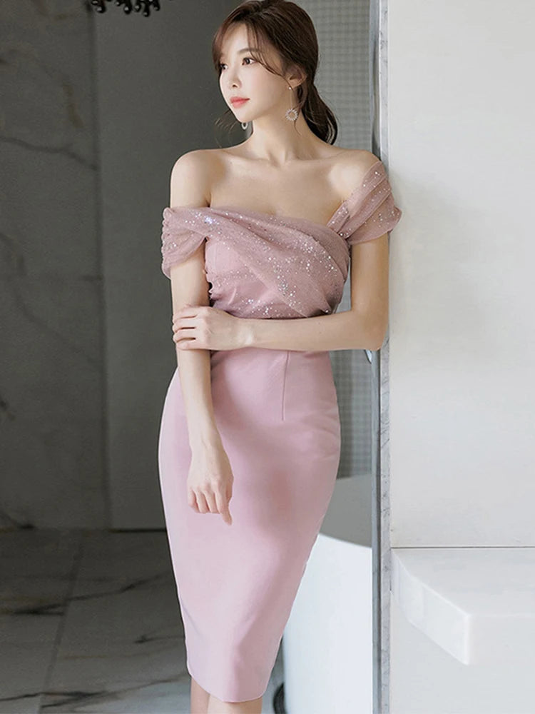 Women’s Sparkly Sequin Evening Dress – Elegant Off-Shoulder Backless Midi Party Prom Vestido