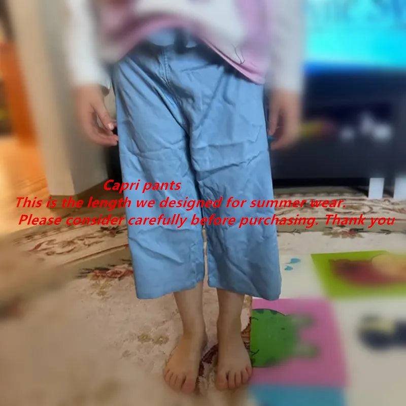 New Fashion Children’s Wide Leg Pants, Summer Casual Thin Chiffon Cropped Trousers for Teen Girls, Sizes 2–10 Years