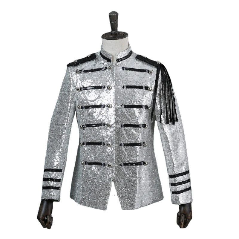 Men’s 2025 Court Style Blazer – Silver Sequin Military Jacket, Shiny Performance Wear