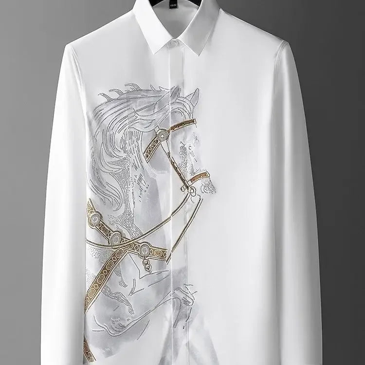 Men’s Long-Sleeve Printed Shirt, Fashionable Button-Up, Hipster Style, Elegant Casual Luxury Top