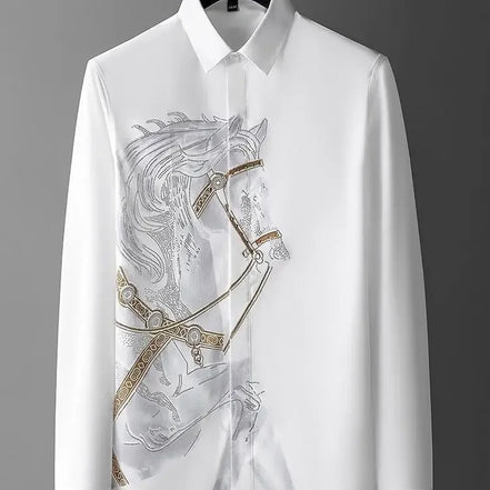 Men’s Long-Sleeve Printed Shirt, Fashionable Button-Up, Hipster Style, Elegant Casual Luxury Top