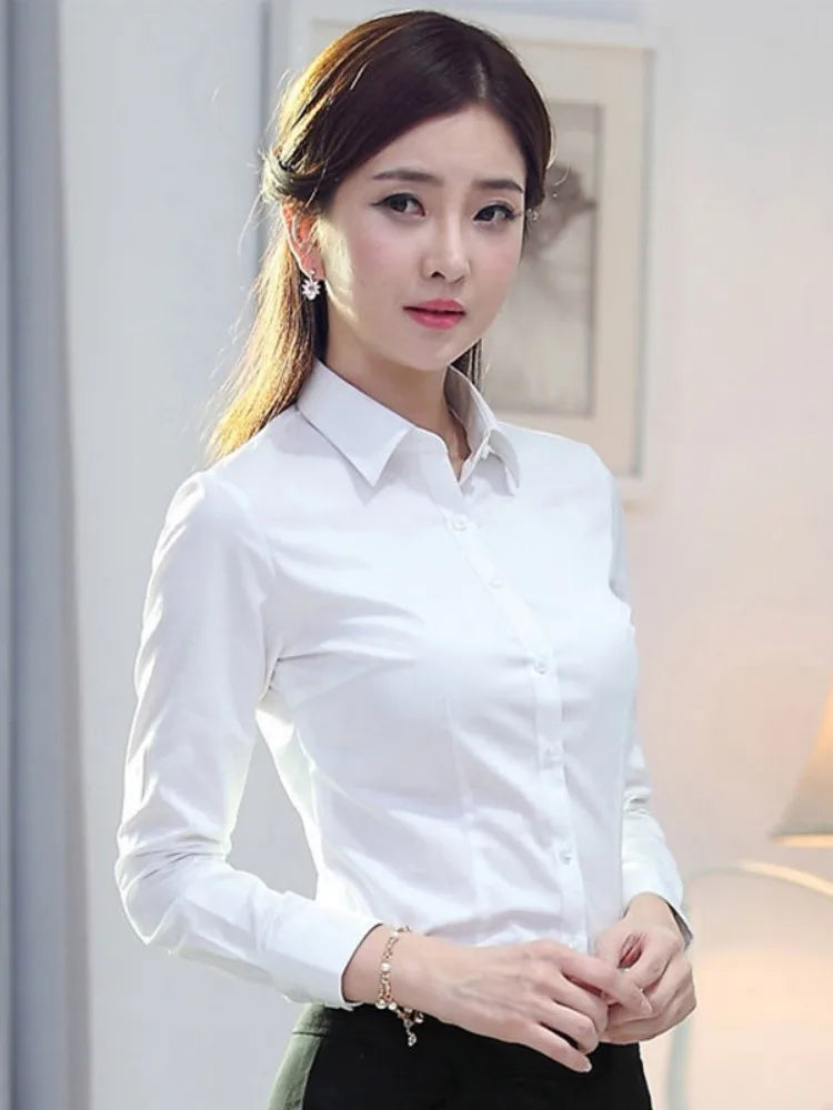 Fashion Women’s Shirt, White Long-Sleeve Professional Shirt, Formal Dress Work Clothes, Large Size OL Button Women’s Top