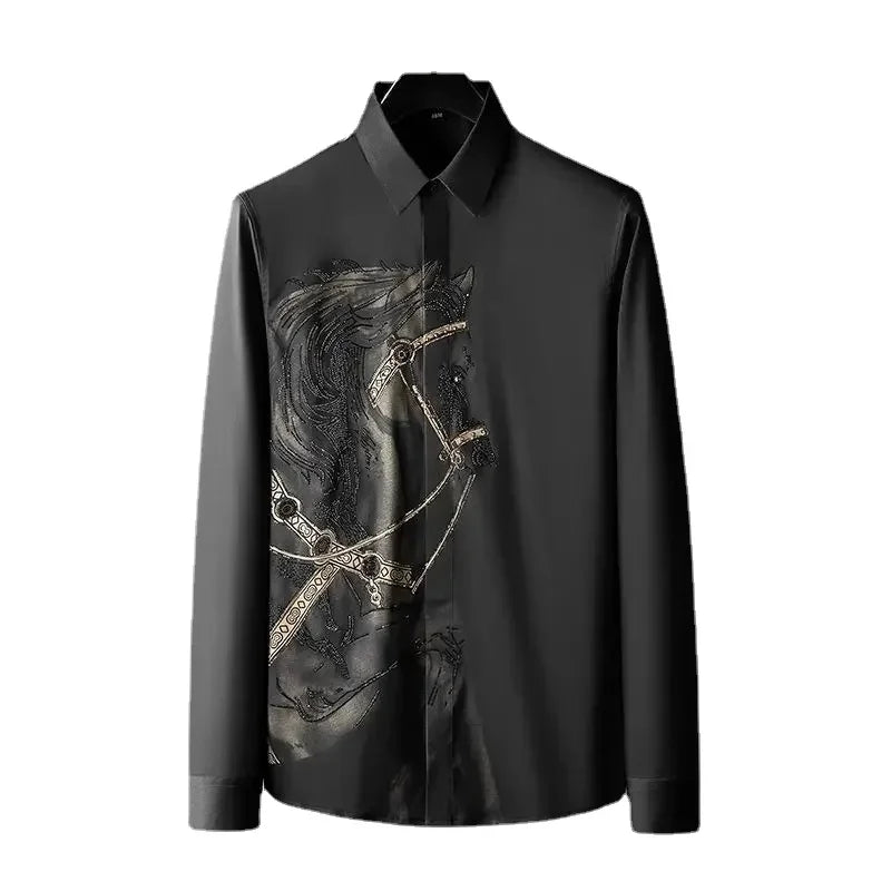 Men’s Long-Sleeve Printed Shirt, Fashionable Button-Up, Hipster Style, Elegant Casual Luxury Top
