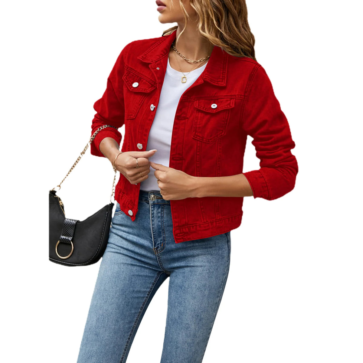 Women’s Denim Jacket, Casual Slim Fit Jean Jacket, Long Sleeve, Lapel Button-Down, Fall Winter Coat