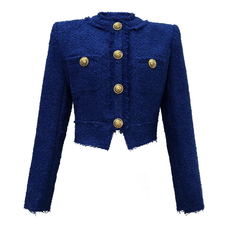 Women’s Short Tweed Jacket, Elegant White-Blue Buttoned Coat, Long Sleeve Office Streetwear