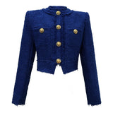 Women’s Short Fashion Jacket, Elegant White Blue Tweed Top Coat, Long Sleeve Buttoned Office Lady Street Outerwear