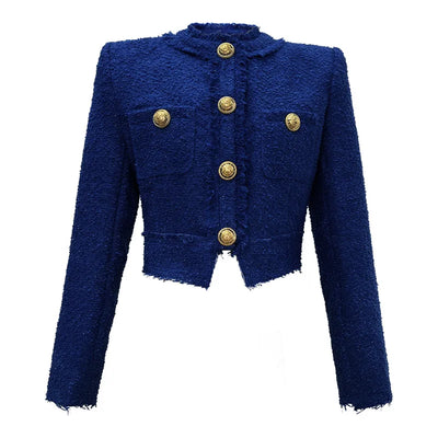 Women’s Short Tweed Jacket, Elegant White-Blue Buttoned Coat, Long Sleeve Office Streetwear