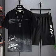 Men’s Trendy Summer Suit, Short Sleeve Tee and Shorts Set, 2-Piece Casual Gym Outfit