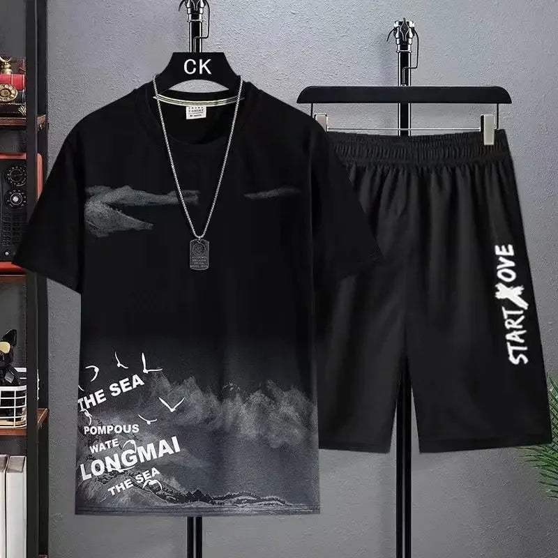 Men’s Trendy Summer Suit, Short Sleeve Tee and Shorts Set, 2-Piece Casual Gym Outfit, Student Tracksuit Clothing