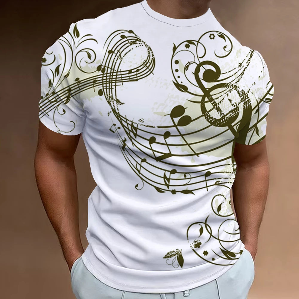 Men’s Fashion T-Shirt, 3D Musical Notation Print, Summer Casual Streetwear Top